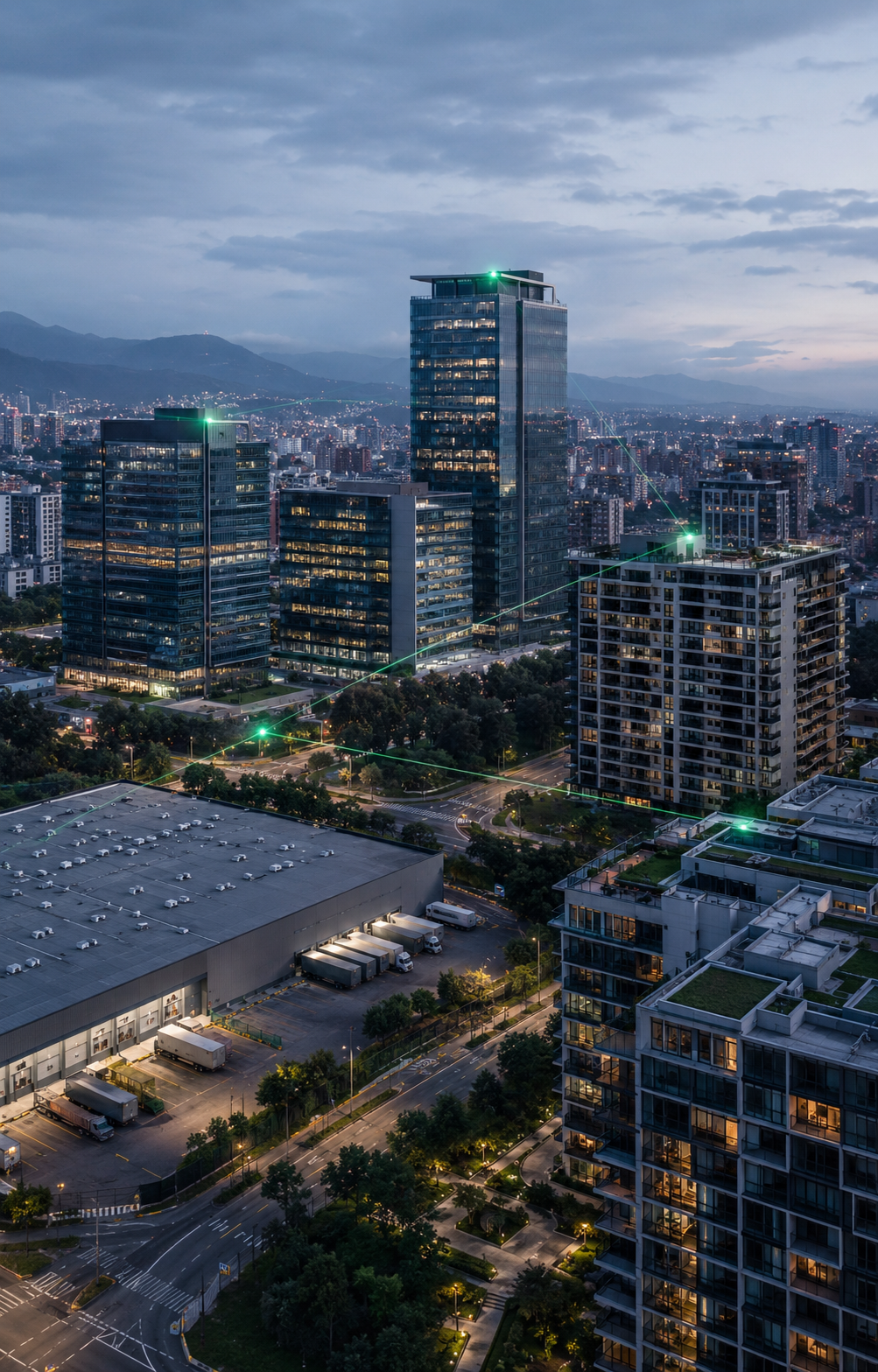 Vista urbana de un portafolio inmobiliario diverso conectado por información de desempeño