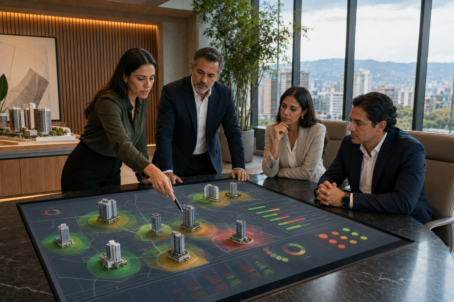 Equipo ejecutivo comparando activos, riesgos y oportunidades de un portafolio inmobiliario