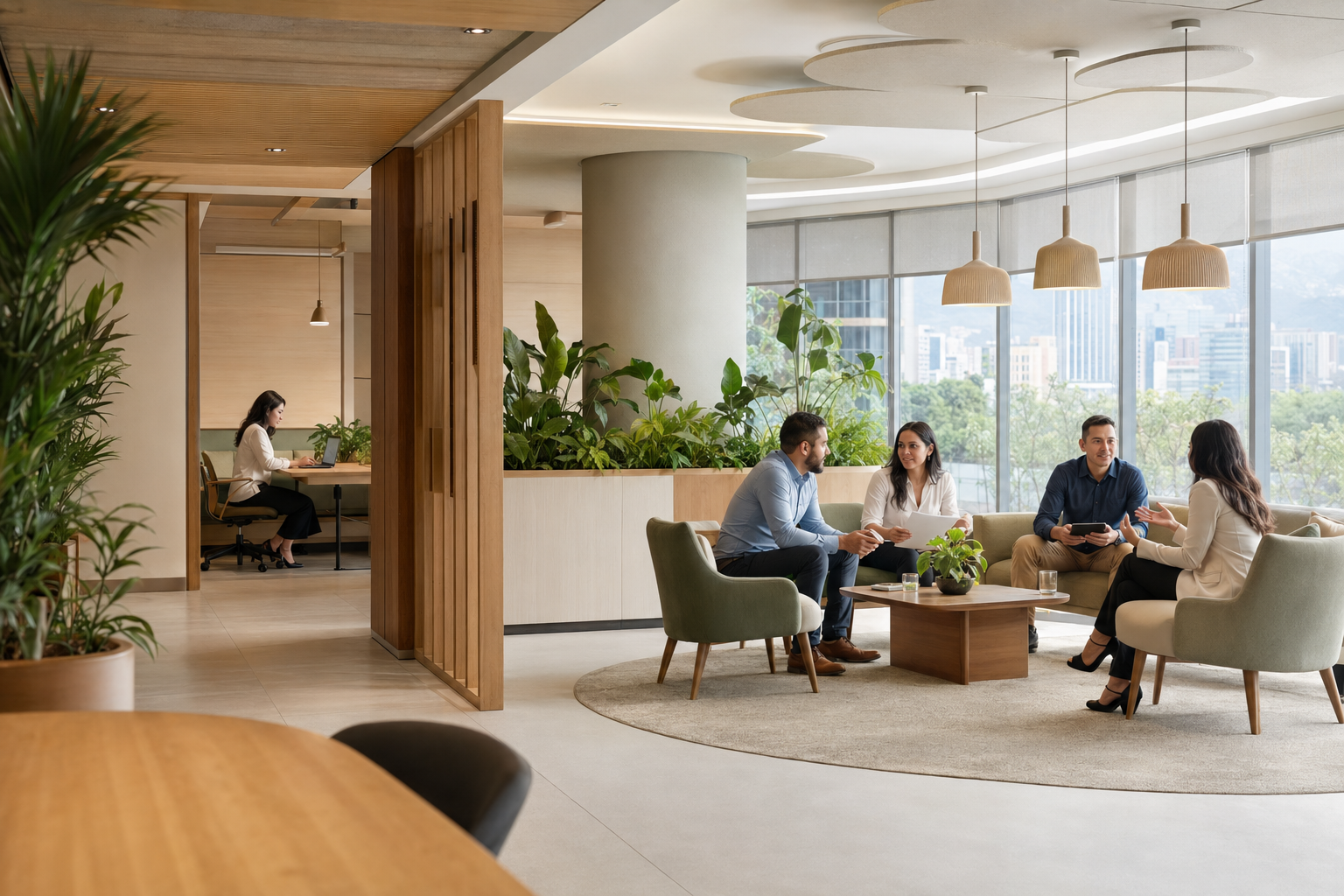 Personas colaborando y concentrándose en un espacio corporativo saludable y luminoso